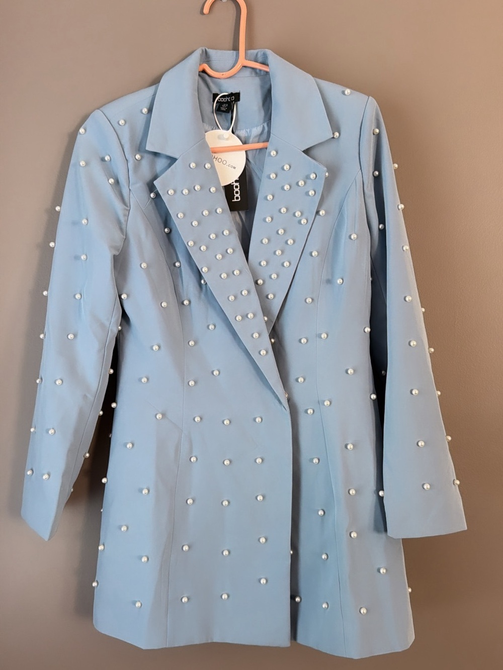 Boohoo Powder Blue Pearl-Studded Blazer dress size 6 new with tag